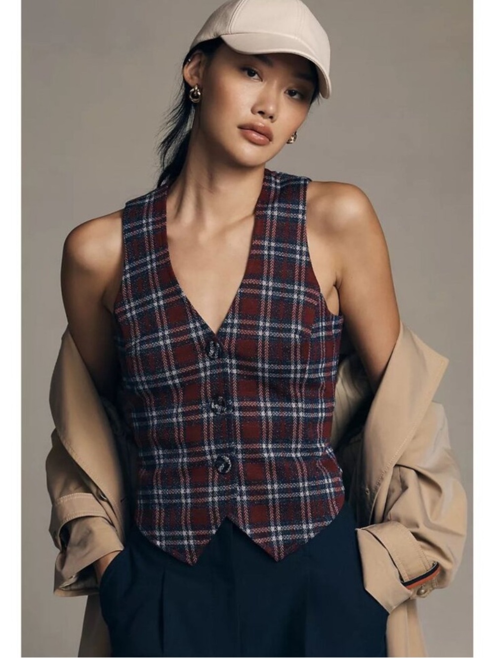 EVA FRANCO • Anthropologie Plaid Button Front Vest Metallic Thread Size S NWT